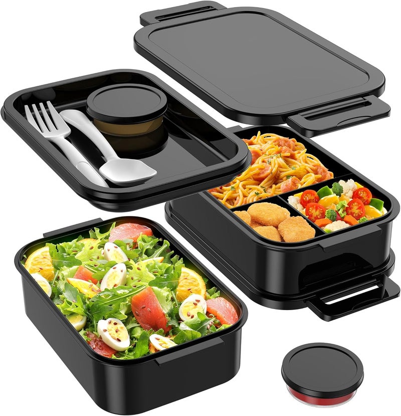Jelife Adult Bento Box Lunch Box - Large Style Stackable Bento Lunch Box for Adults, 72oz All-in-One 3 Layers Bento Boxes Leak-Proof Lunchbox with Utensil Sauce Containers for Dining Out,Work, Black - Image 1